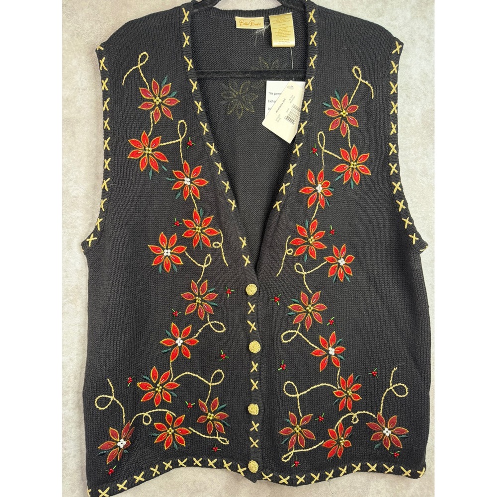 VTG NWT Bobbie Brooks Sweater Vest XL Black Poinsettia Christmas Embroidered